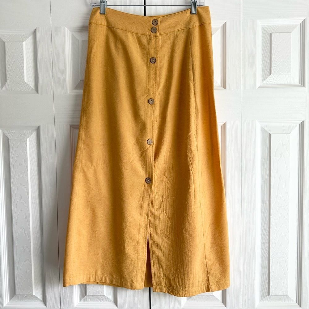 HYFVE Skirt Womens M Mustard Yellow Cotton Midi Button Front A Line Fall Boho